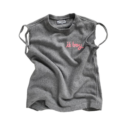 gray knit sweater vest with slits around the arm holes and pink cursive embroidery on the chest reading it boy