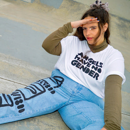 model wearing white t-shirt with text reading ANGELS HAVE NO GENDER  in black