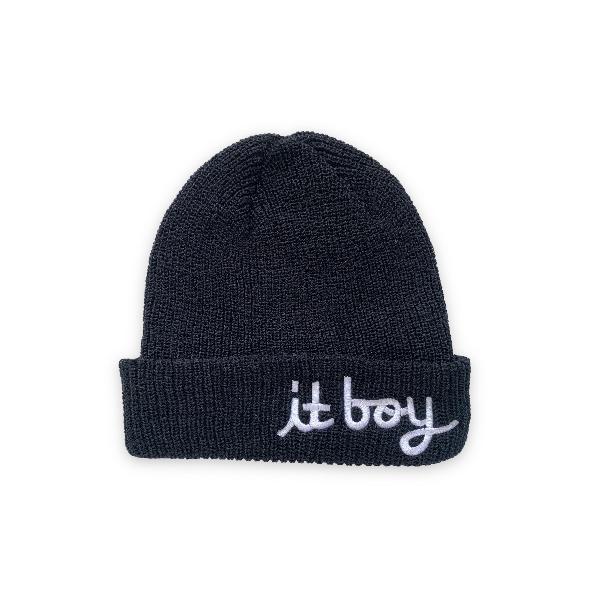 black wool beanie with white cursive embroidery reading it boy