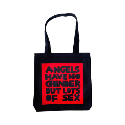black tote bag with red screen printed box containing black text reading angels have no gender but lots of sex