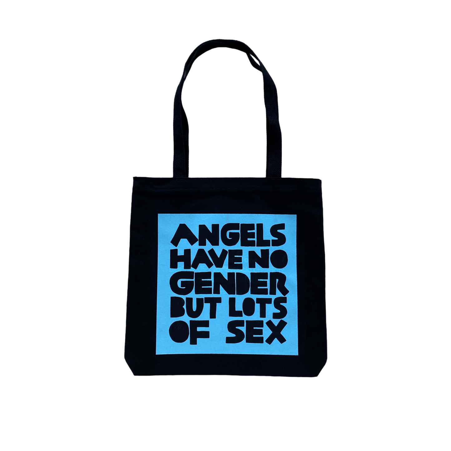black tote bag with turquoise blue screen printed box containing black text reading angels have no gender but lots of sex