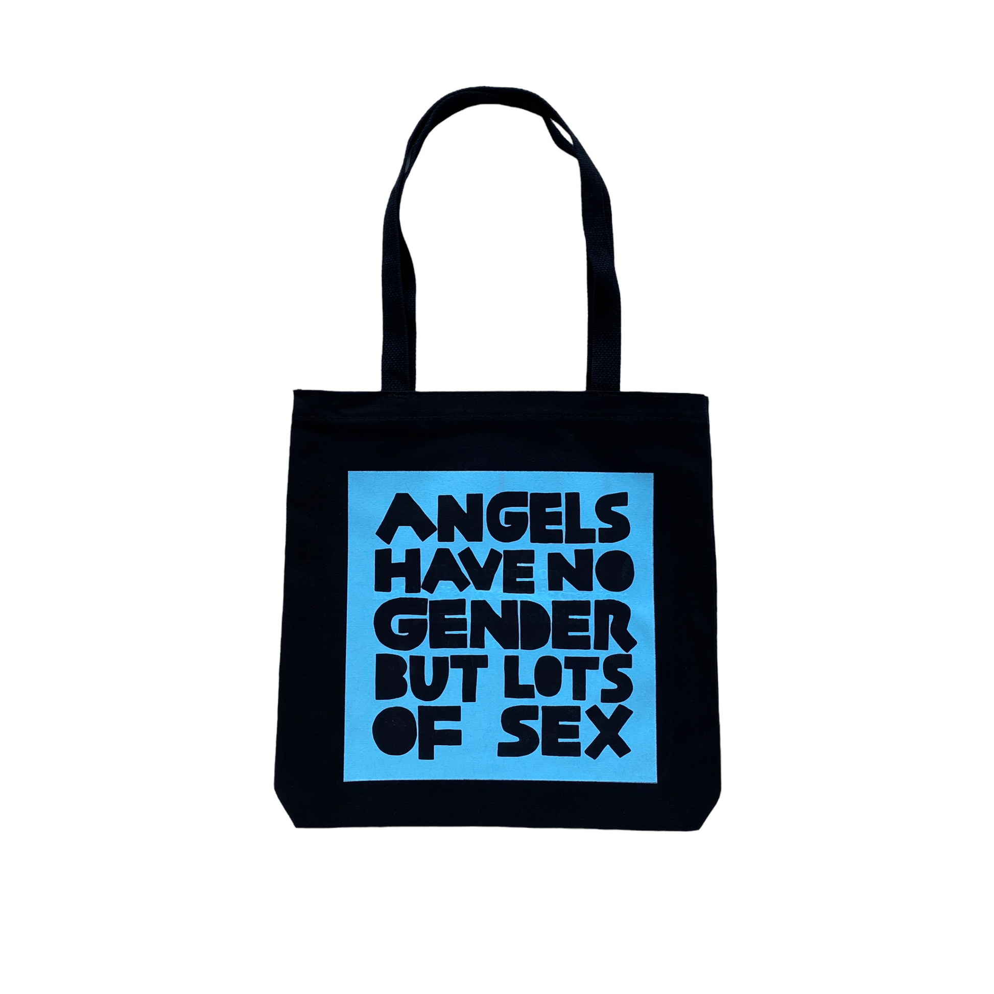 black tote bag with turquoise blue screen printed box containing black text reading angels have no gender but lots of sex