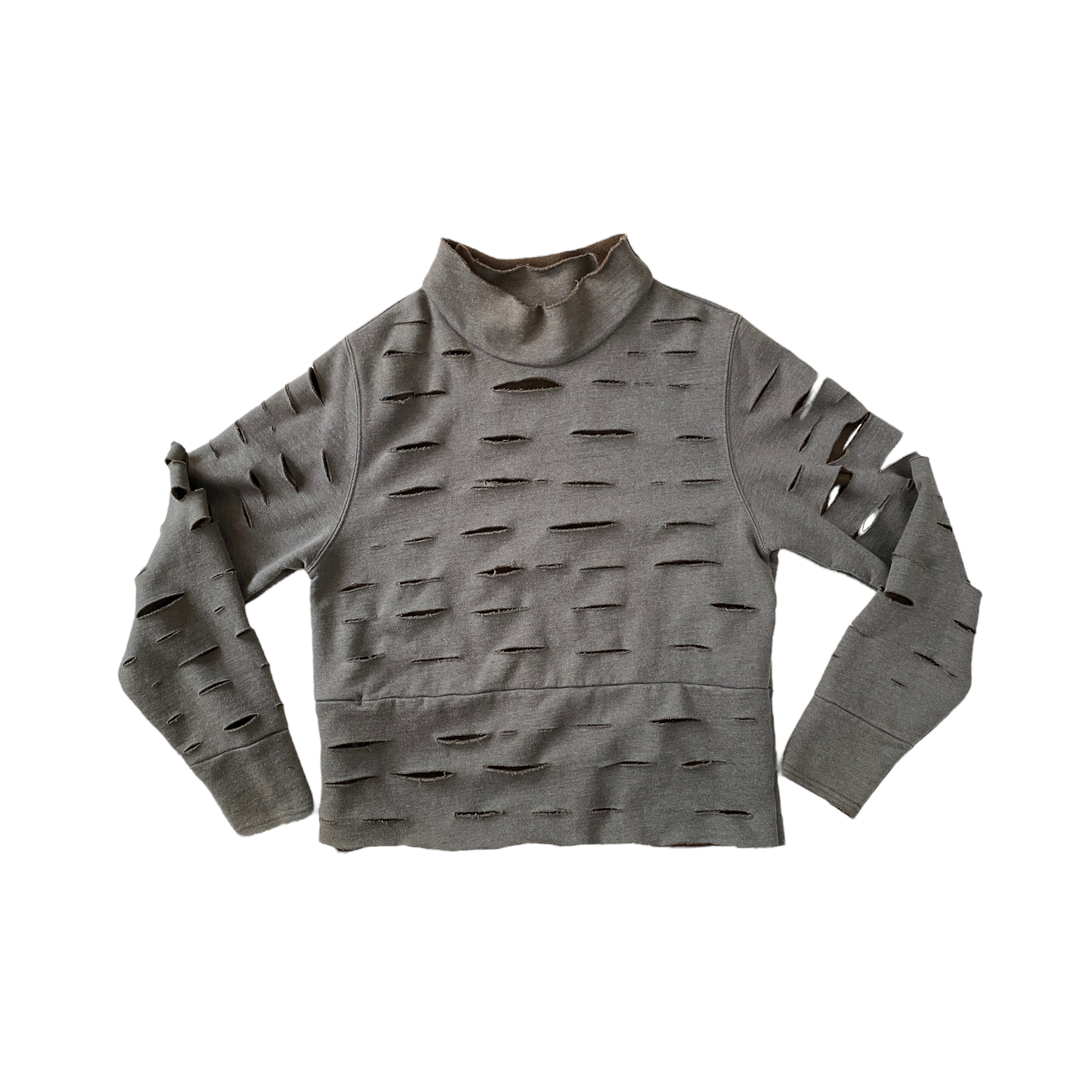 olive green mockneck sweatshirt with small slits cut in lines across the body and arms