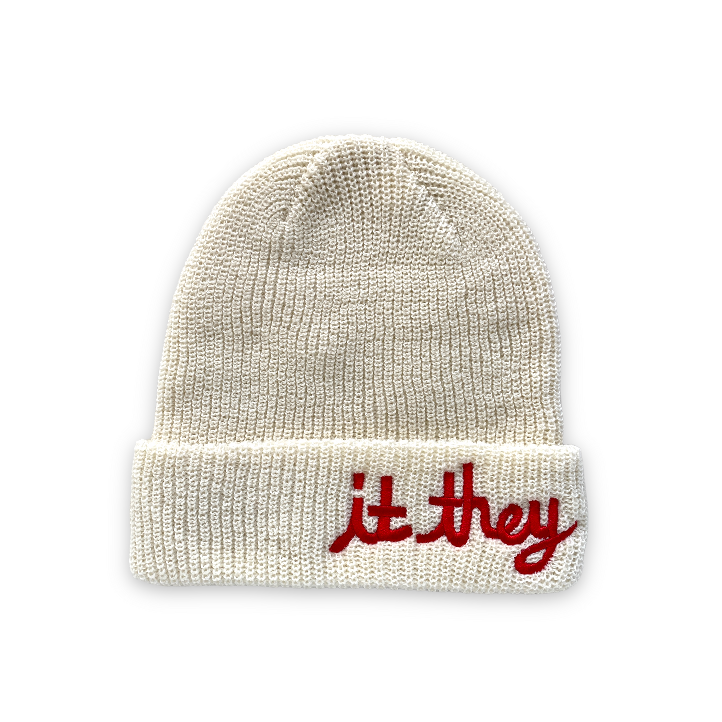 white cream wool beanie with red cursive embroidery reading it they