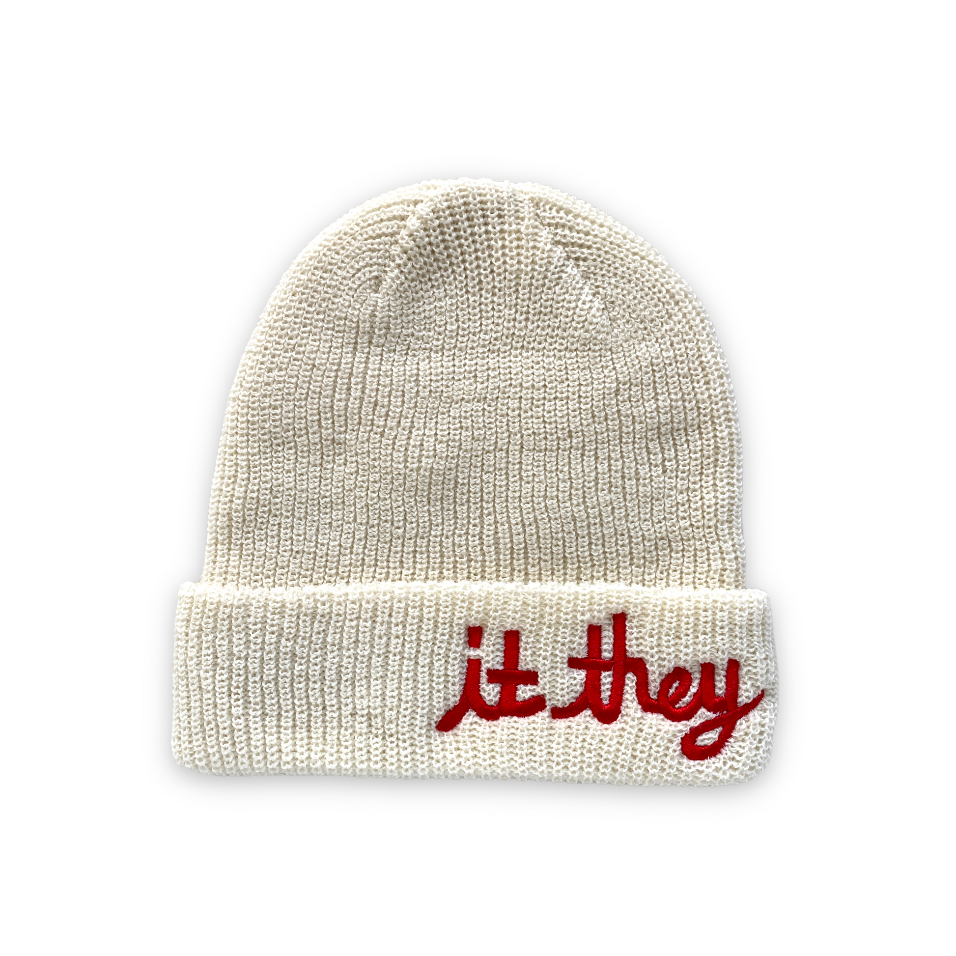 white cream wool beanie with red cursive embroidery reading it they
