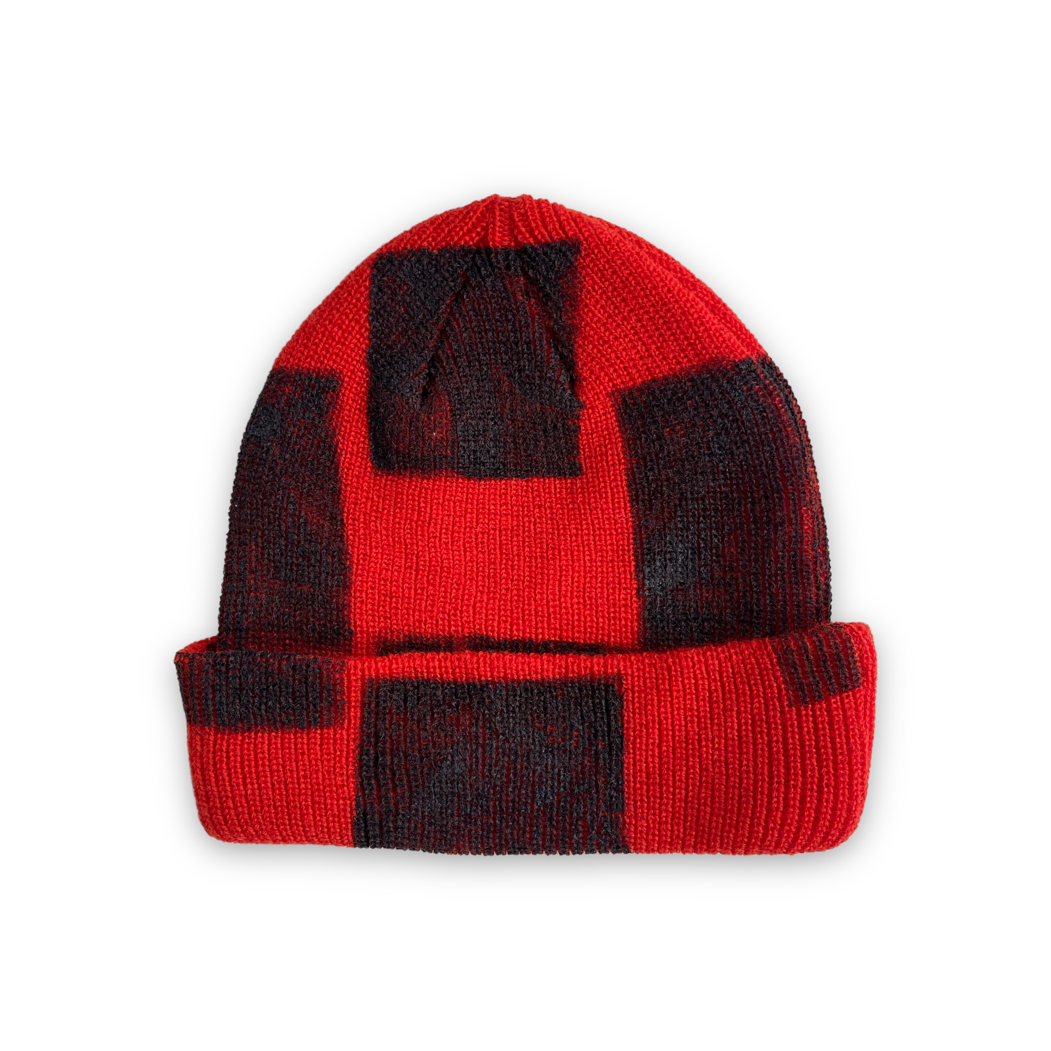 back of red beanie with hand painted checkered black squares