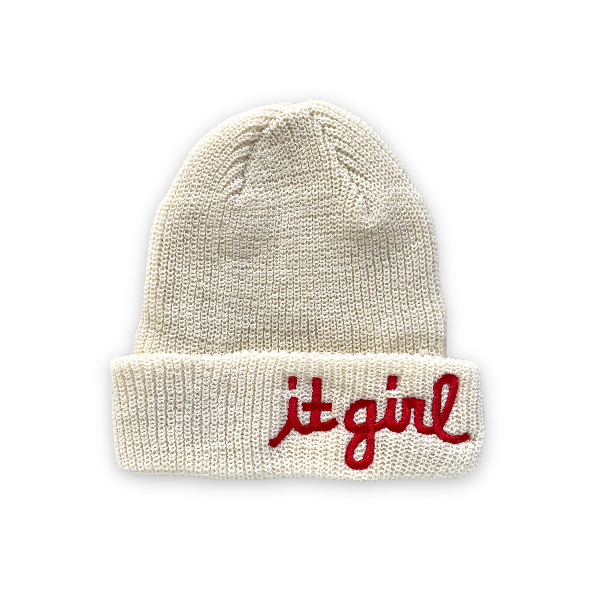 white cream wool beanie with red cursive embroidery reading it girl