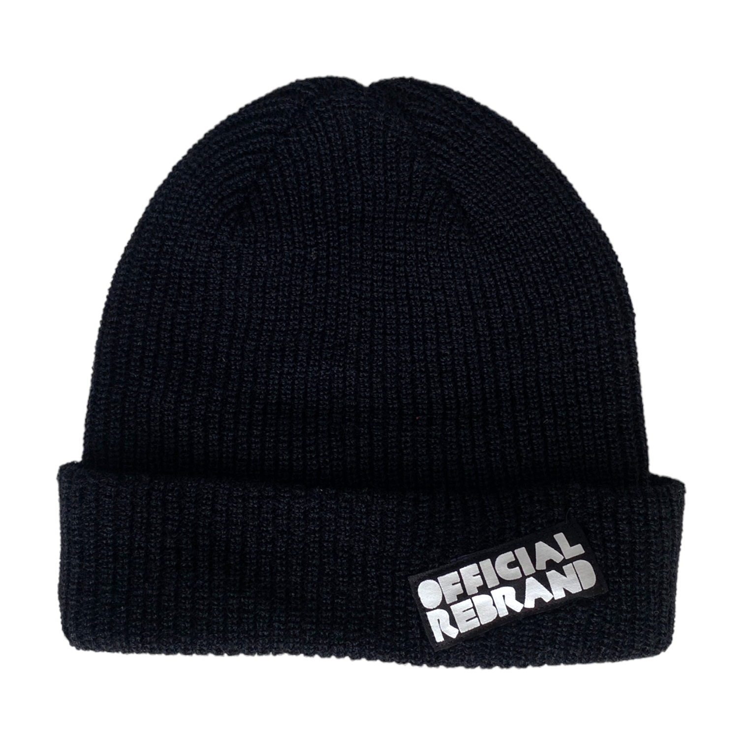 back of black wool beanie with tag reading OFFICIAL REBRAND in white