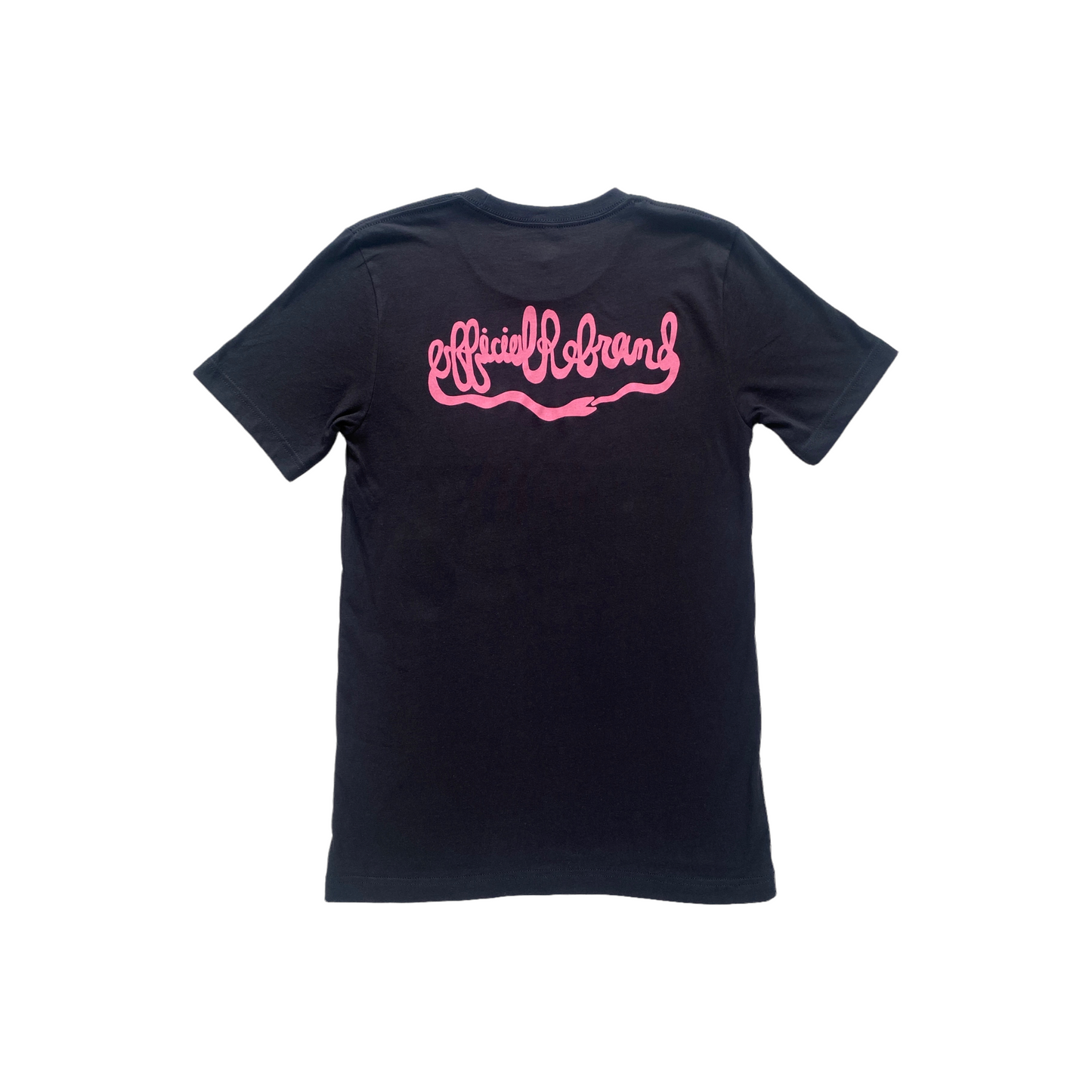 back of black t-shirt with Official Rebrand ouroboros snake logo in pink