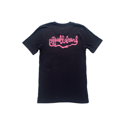 back of black t-shirt with Official Rebrand ouroboros snake logo in pink