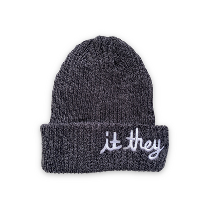 marled gray wool beanie with white cursive embroidery reading it they