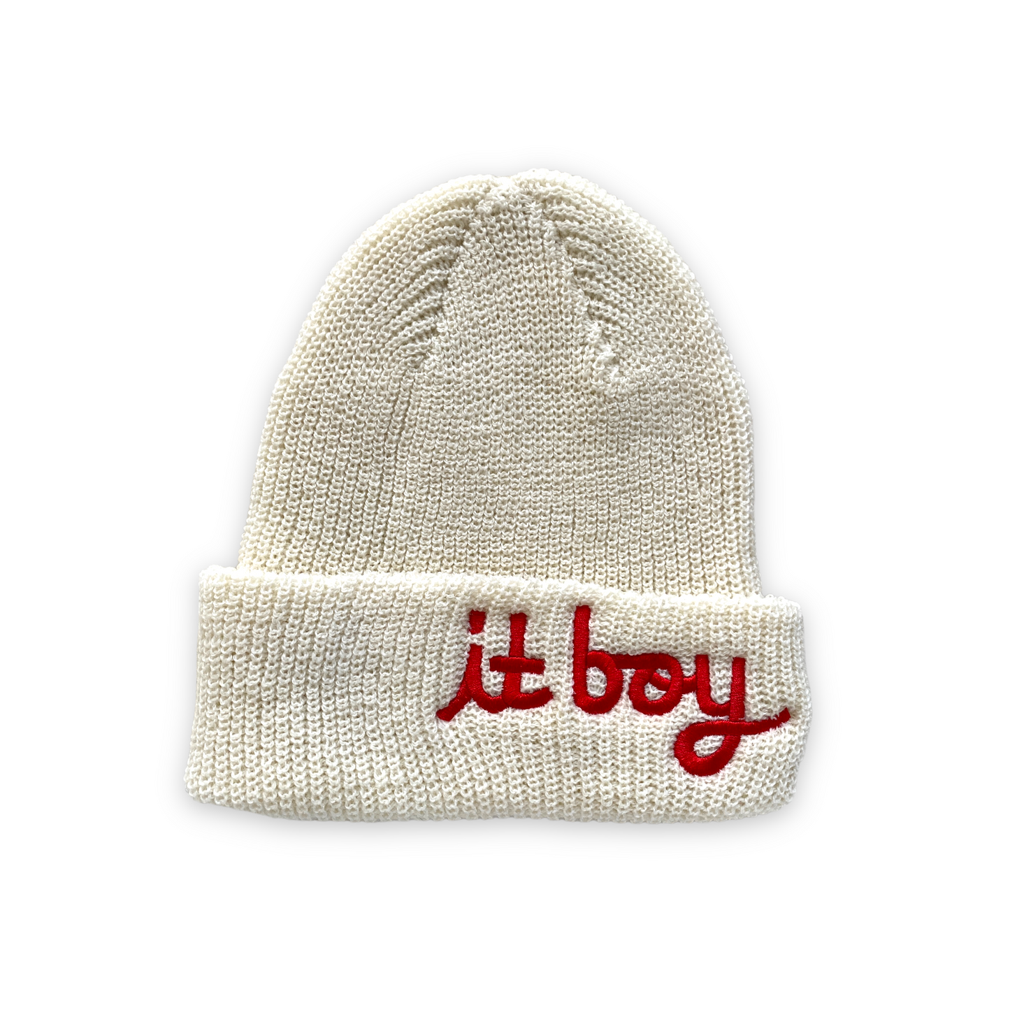 white cream wool beanie with red cursive embroidery reading it boy