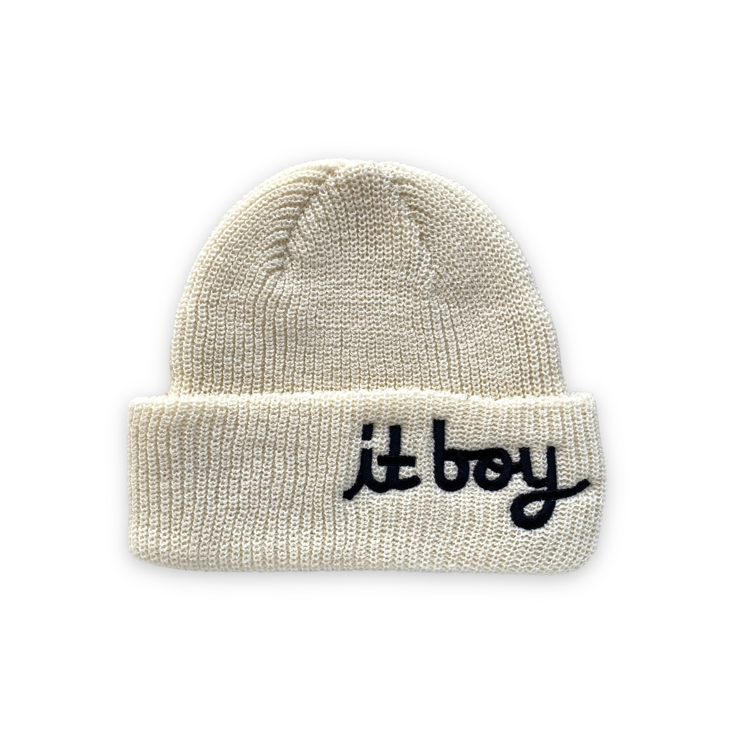 white cream wool beanie with black cursive embroidery reading it boy