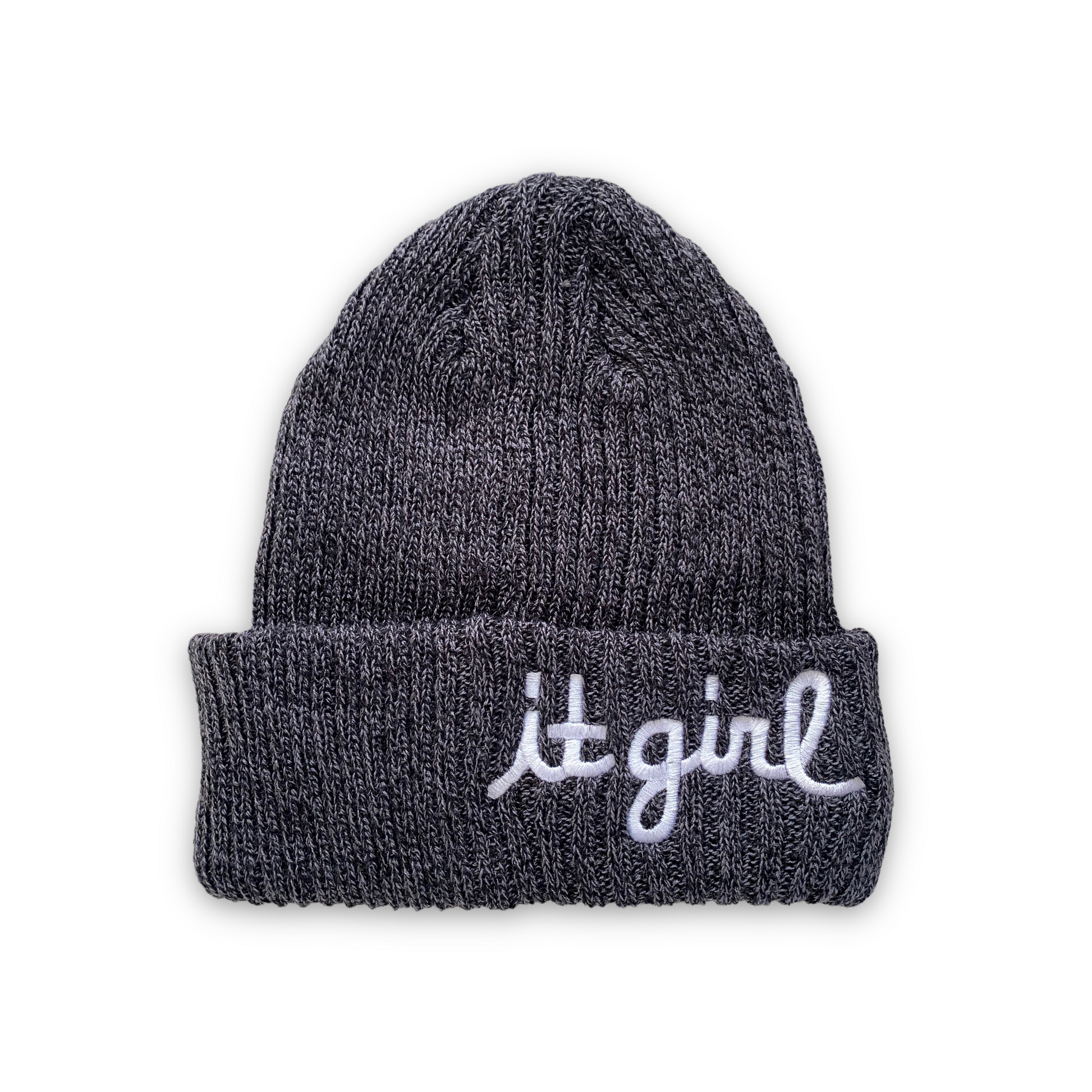 marled gray wool beanie with white cursive embroidery reading it girl