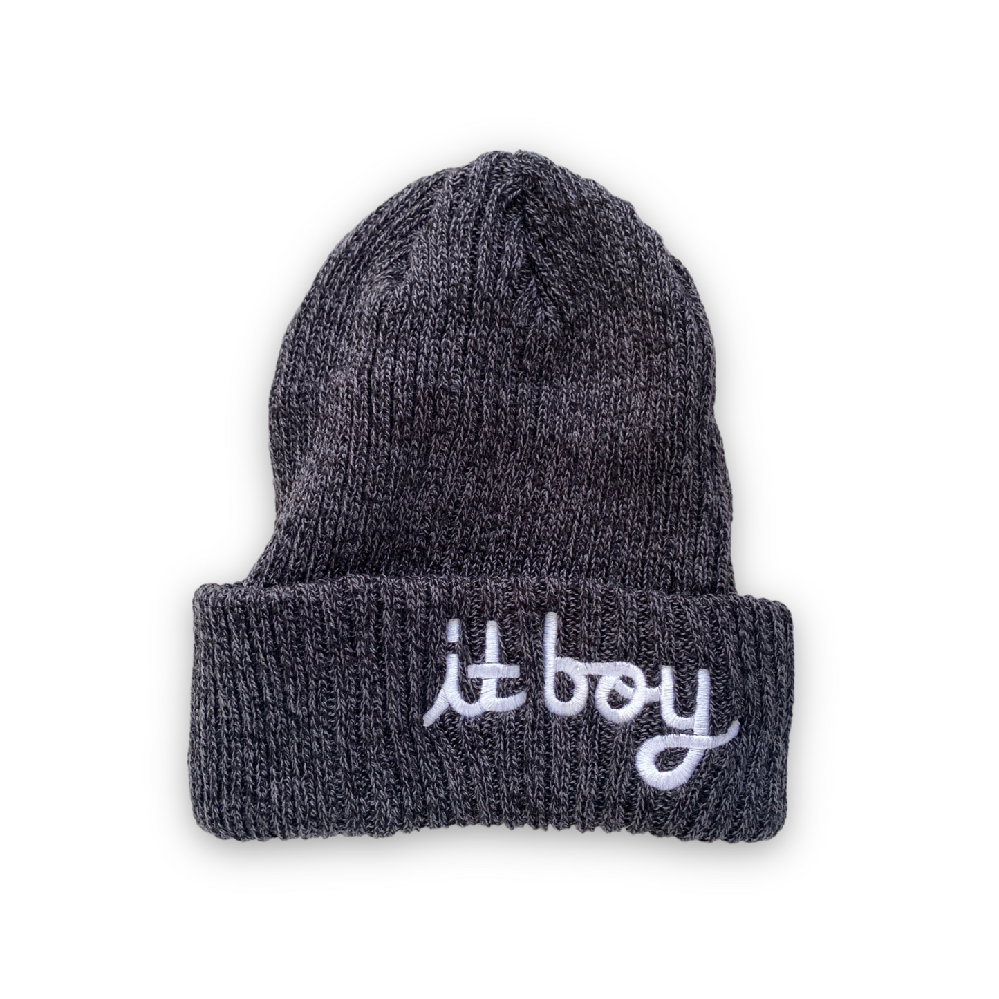 marled gray wool beanie with white cursive embroidery reading it boy