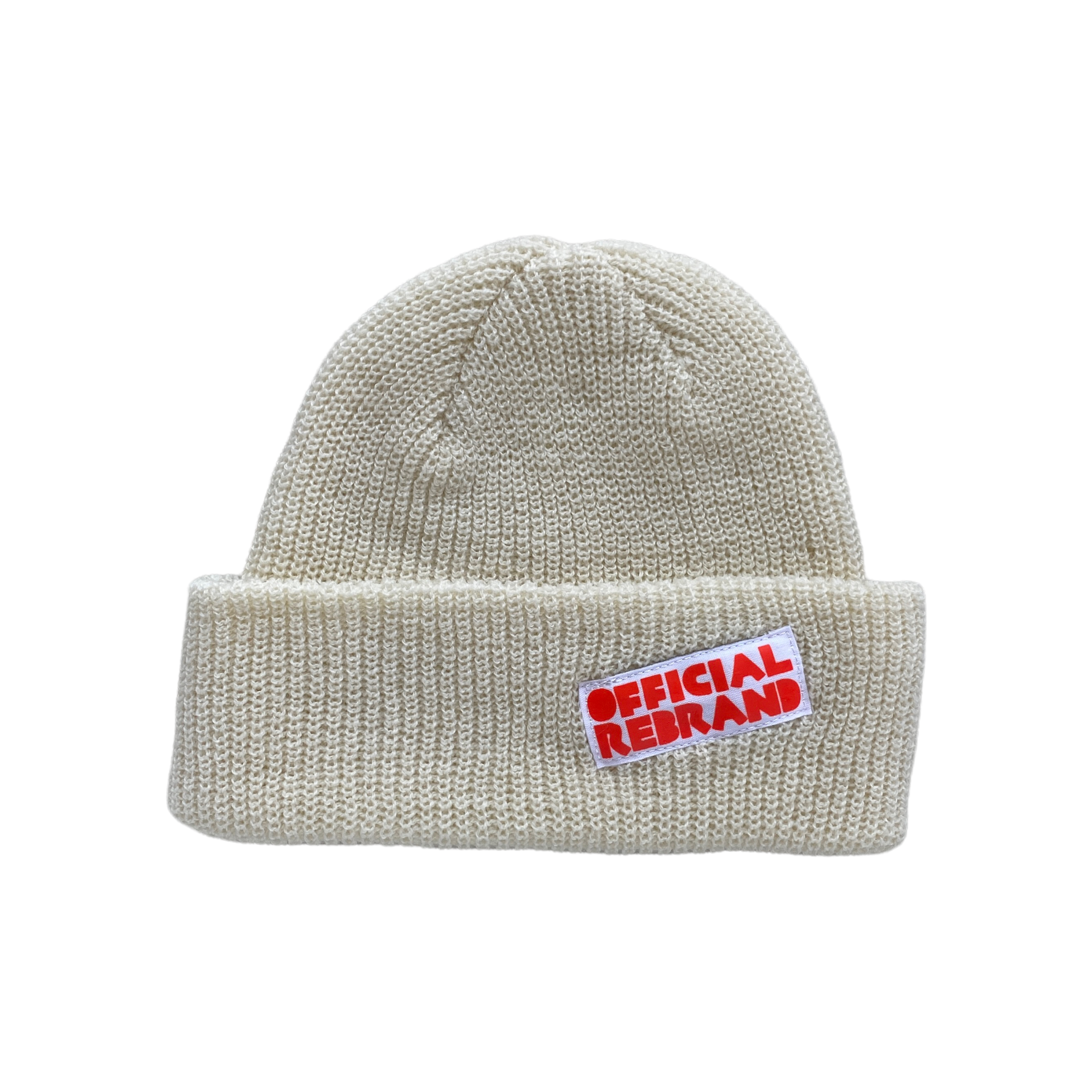 back of white cream wool beanie with tag reading OFFICIAL REBRAND in red