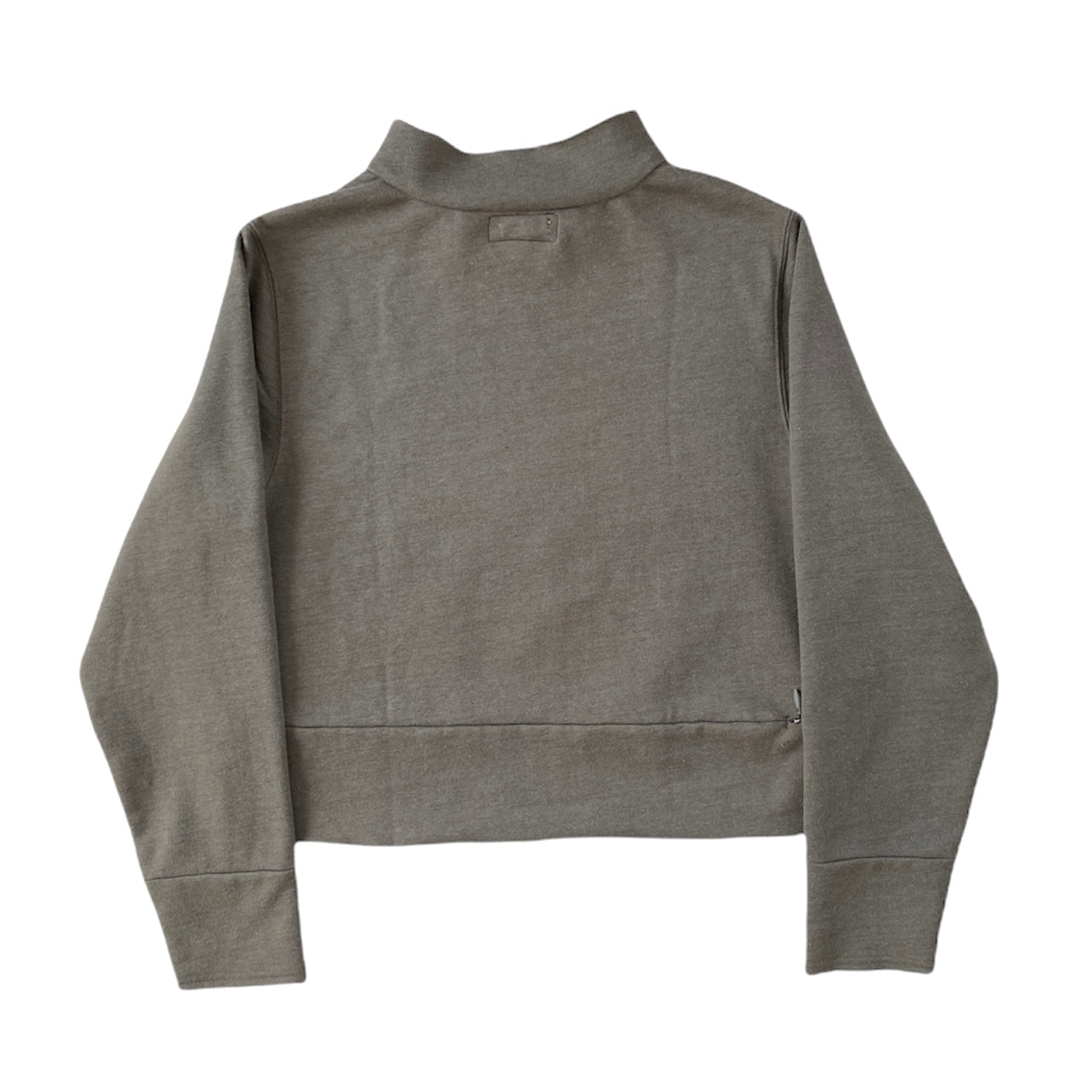 back of olive green mockneck sweatshirt