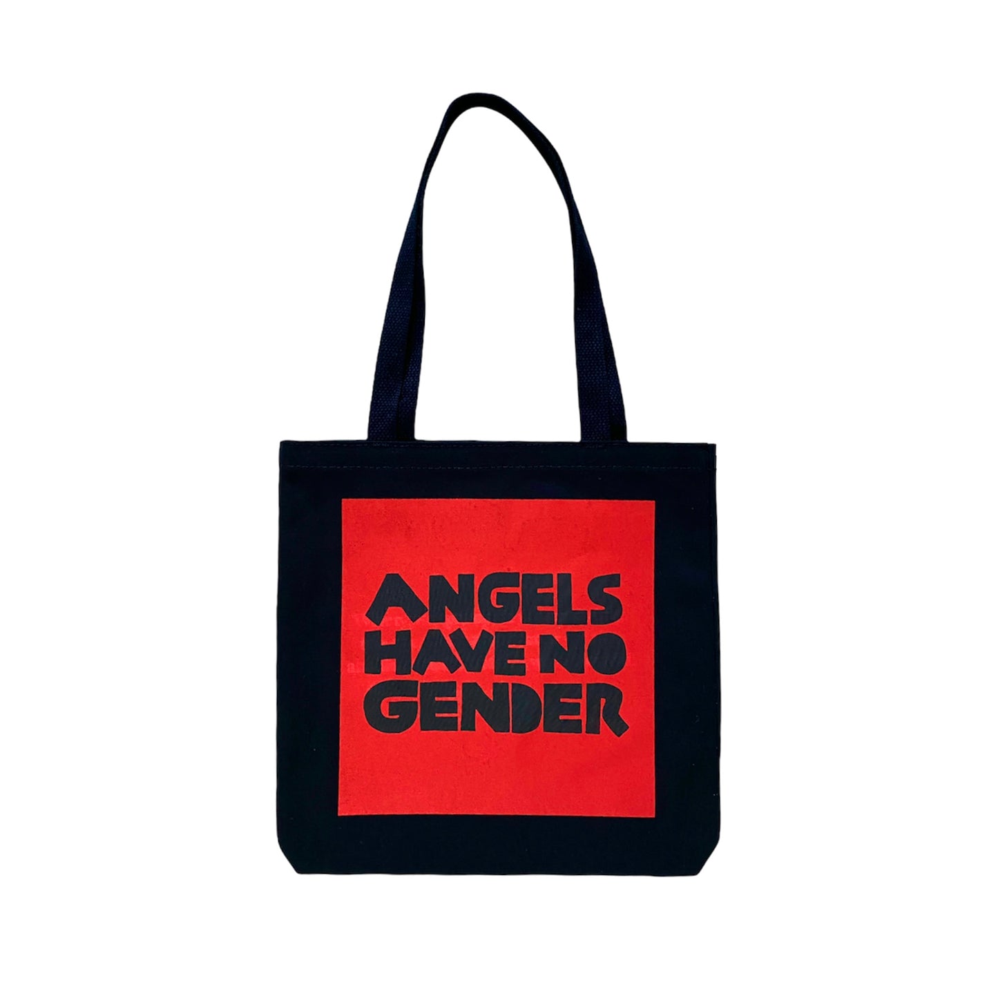 black tote bag with red screen printed box containing black text reading angels have no gender