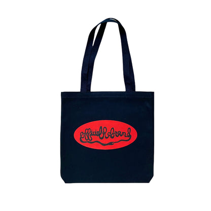 back of black tote bag with red Official Rebrand ouroboros snake logo