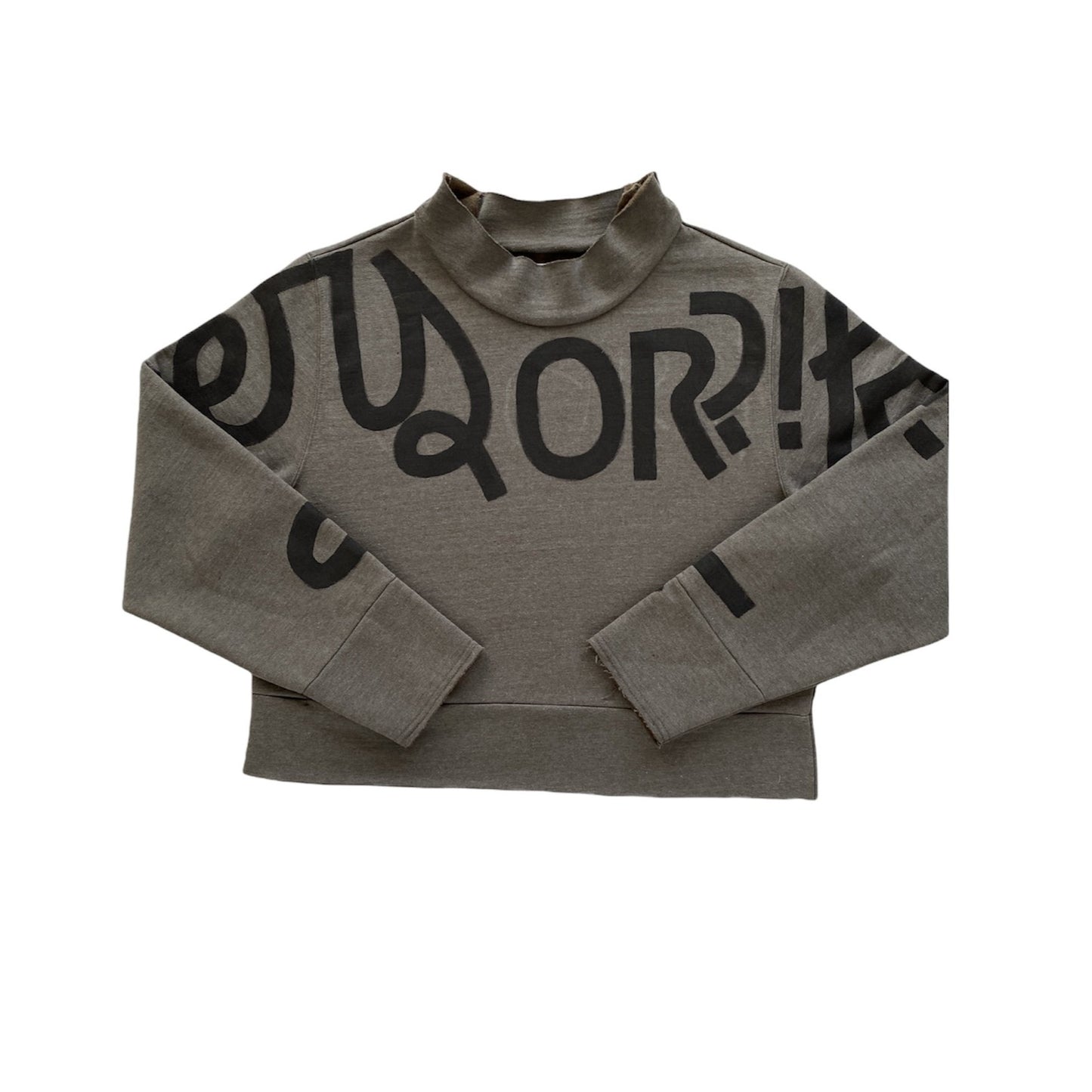 olive green mockneck with hand-painted cursive text across the arms and chest reading LOVERS OR FRIENDS