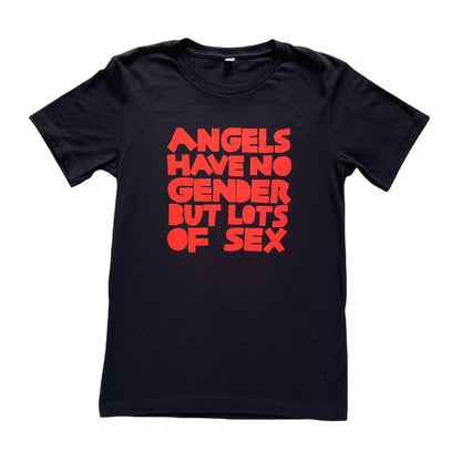 black t-shirt with red text reading Angels have no gender but lots of sex