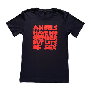 Open image in slideshow, black t-shirt with red text reading Angels have no gender but lots of sex
