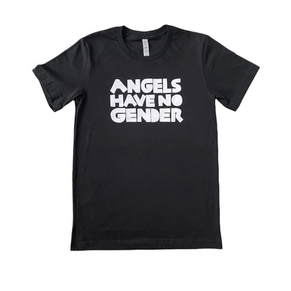 black t-shirt with white text reading Angels have no gender 