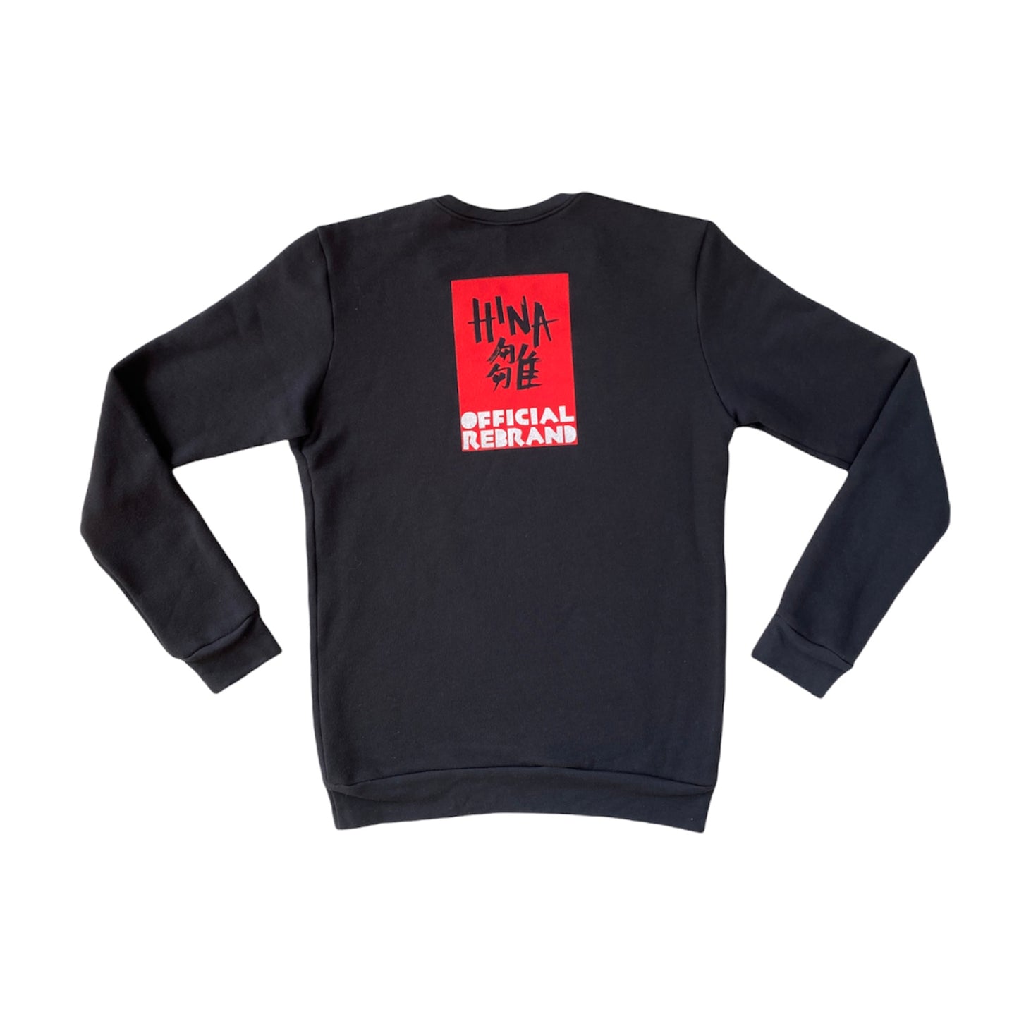 back of black crew neck sweatshirt with red screen printed box containing black HINA logo and white OFFICIAL REBRAND logo