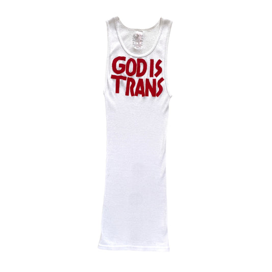 white ribbed A-shirt tank top with hand painted text reading GOD IS TRANS in red across the chest