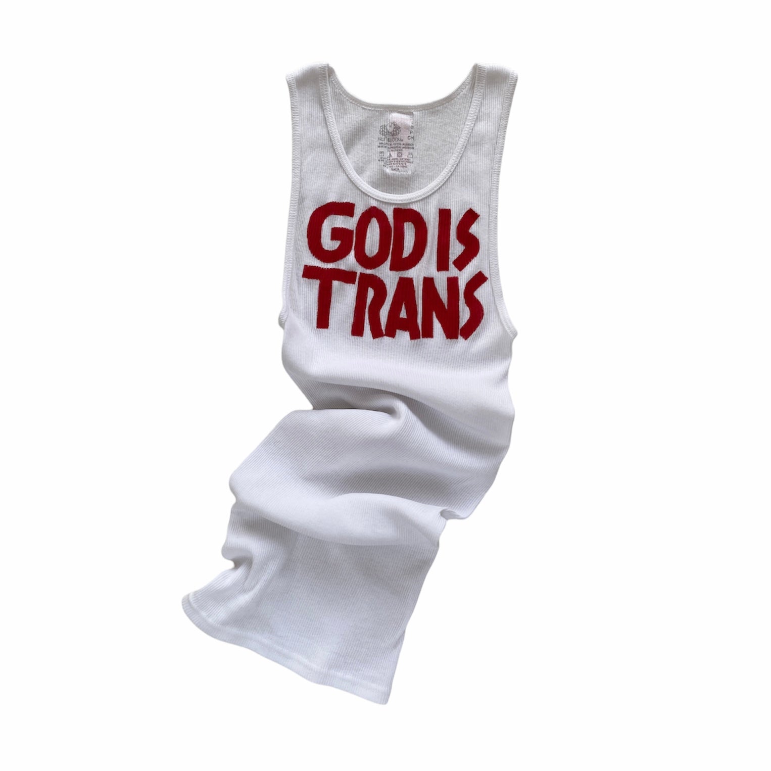 white ribbed A-shirt tank top with hand painted text reading GOD IS TRANS in red across the chest