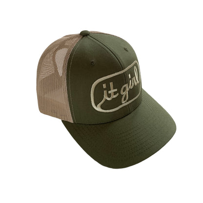  olive green and beige khaki trucker hat with khaki embroidery reading it girl in cursive