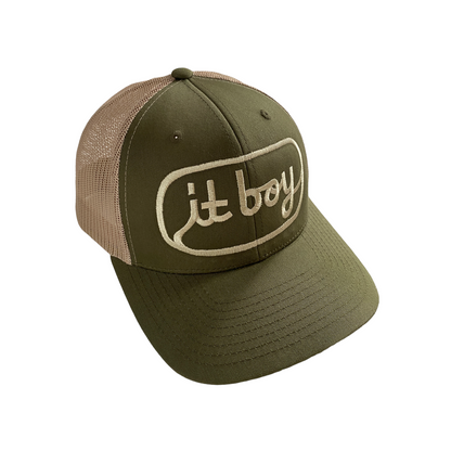  olive green and beige khaki trucker hat with khaki embroidery reading it boy in cursive