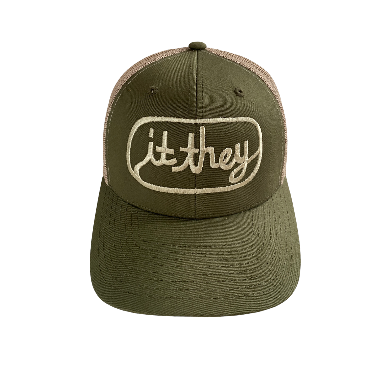 front of olive green and beige khaki trucker hat with khaki embroidery reading it they in cursive