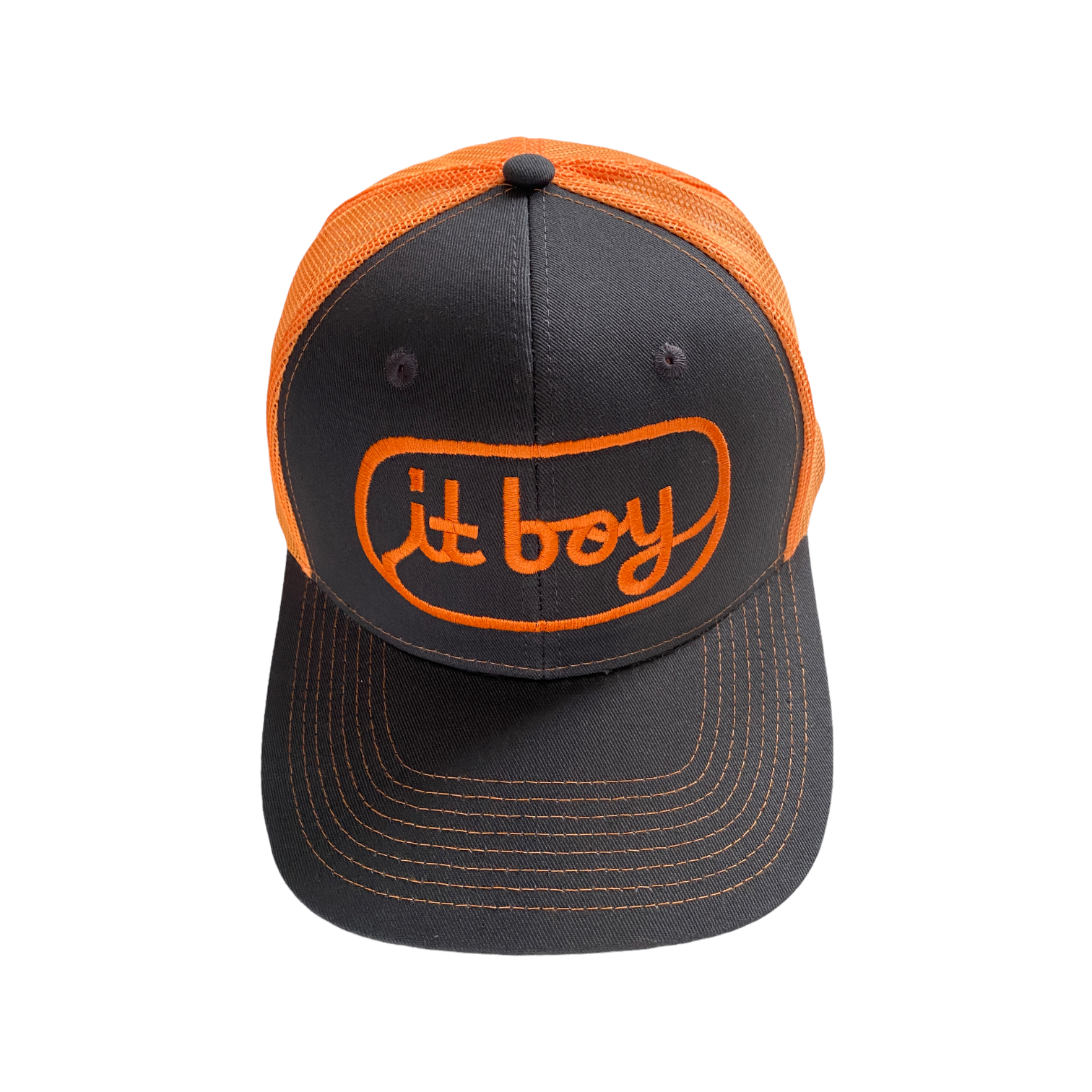 front of neon orange and stone gray trucker hat with orange embroidery reading it boy in cursive