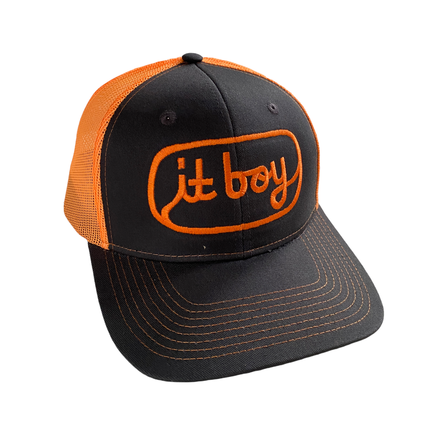 neon orange and stone gray trucker hat with orange embroidery reading it boy in cursive