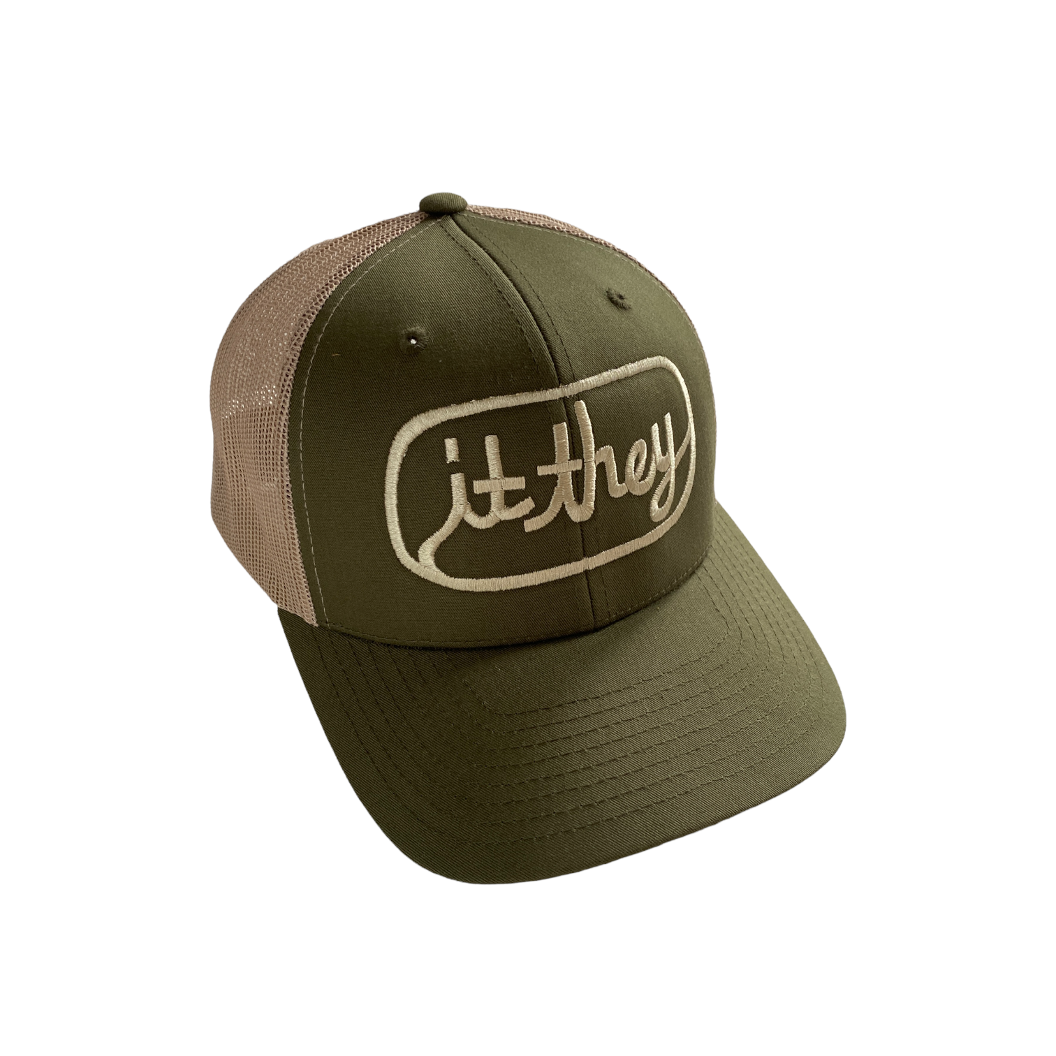 olive green trucker hat with beige khaki embroidery reading it they in cursive